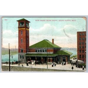 Grand Rapids MI New Grand Trunk Depot 1909 Postcard A. C. Bosselman